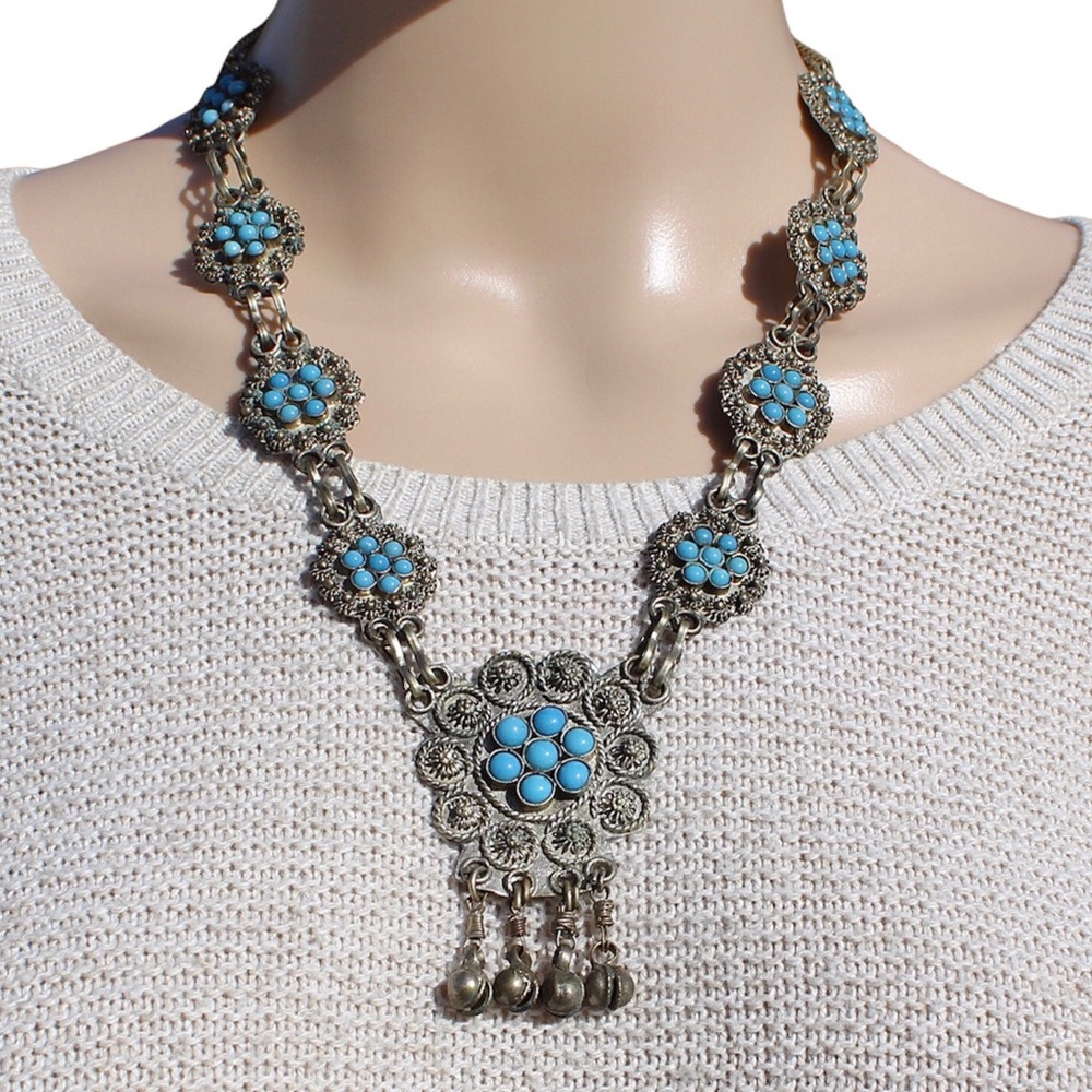 Vintage Etruscan Revival Turquoise Glass Silver Cannetille Statement Necklace